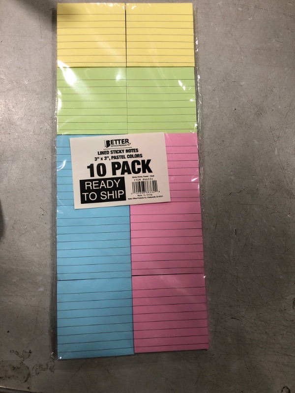 Photo 2 of Lined Sticky Notes 3 x 3, 10 Pack, 1,000 Sheets (100/Pad), Self Stick Notes with Lines, Assorted Pastel Colors, by Better Office Products, Post Memos, Strong Adhesive, 10 Pads