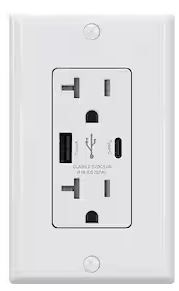 Photo 1 of ELEGRP 25-Watt 20 Amp Type A & C Dual USB Wall Charger with Duplex Tamper Resistant Outlet, Wall Plate Included, White 
