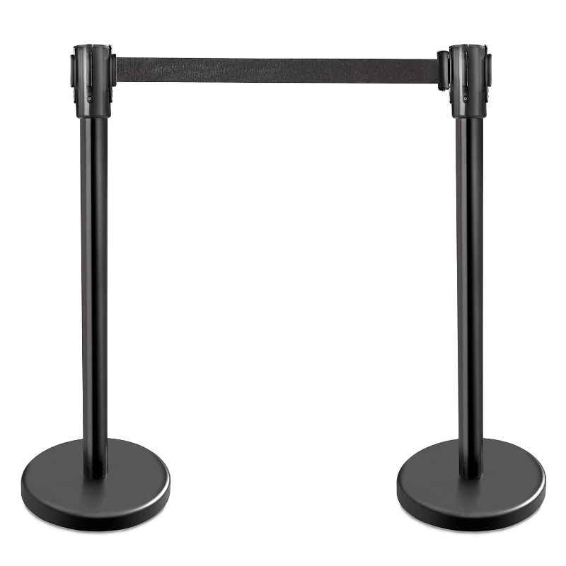 Photo 1 of New Star Foodservice 535832 Stanchions, 36-Inch Height, 6.5-Foot Retractable Belt, Set of 2, Black Belt
