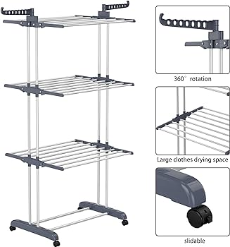 Photo 1 of  HOMIDEC Clothes Drying Rack, Oversized 4-Tier(67.7" High) Foldable Stainless Steel Movable Drying Rack with 4 castors, 24 Drying Poles & 14 Hooks for Bed Linen, Clothing, Grey 