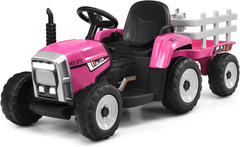 Photo 1 of Costzon Ride on Tractor w/Trailer, 12V Battery Powered Electric Vehicle Toy w/Remote Control, 3-Gear-Shift Ground Loader, Treaded Tires, USB, LED Lights, Audio, Safety Belt, Kids Ride on Car (Pink)
