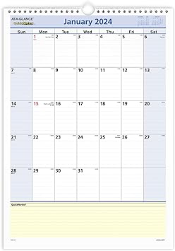 Photo 1 of AT-A-GLANCE 2024 Wall Calendar, 12" x 17", Medium, Monthly, Wirebound, QuickNotes (PM522824) 