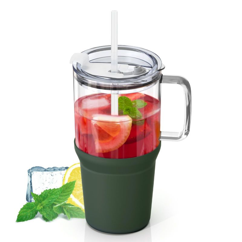 Photo 1 of Zenbo 32 oz Motivational Glass Cups: Reusable Iced Coffee Cup with 2 Lid, Straw and Handle, Smoothie Cup with Silicone Sleeve, Glass Tumbler Fits Cup Holder, BPA Free 32oz Oliv