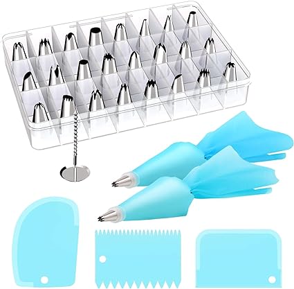 Photo 1 of 33PCS Piping Bags and Tips Set, Bake Cake Decorating Kit with 24 Stainless Steel Tips, 2 Reusable Pastry Bags, 2 Couplers, 3pc Scraper 1 Icing Nail and 1 Icing Tips Storage Case(Silver+blue) 