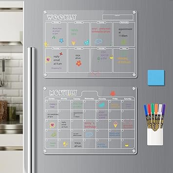 Photo 1 of Hivillexun 17"x12" Clear Acrylic Magnetic Dry Erase Board with Monthly & Weekly Planner, 6 Markers & Large Eraser for Refrigerator Organization 