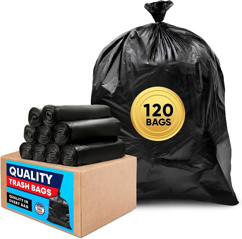 Photo 1 of 64-65 Gallon Black Trash Bags, (120 Bags Bulk) 60 Gallon Extra Large Black Trash Bags, High Density Large Garbage Bags