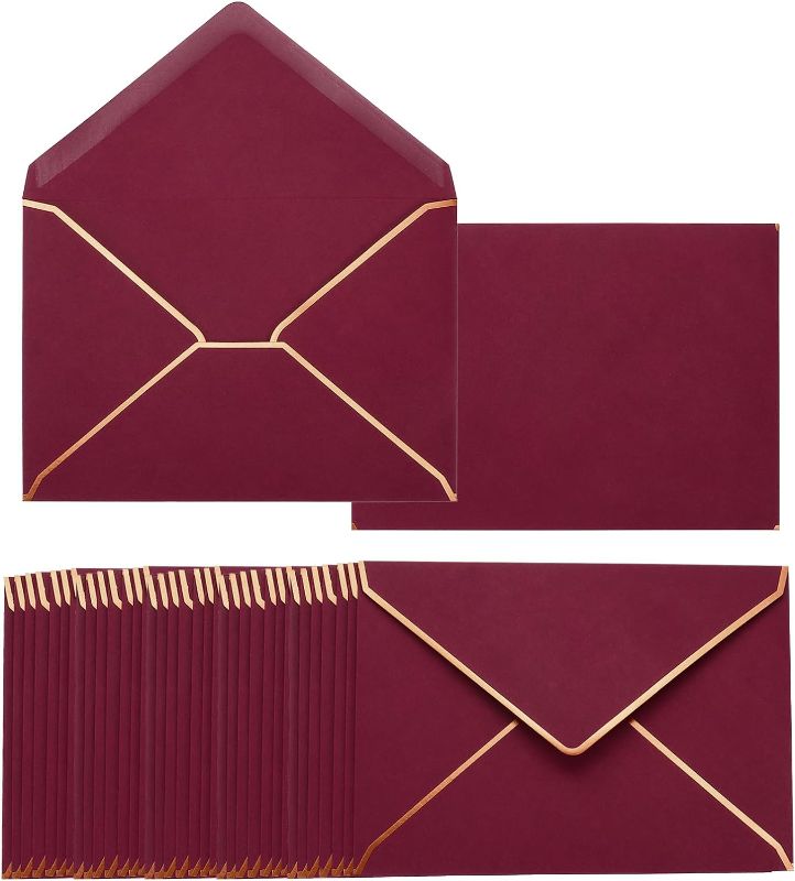 Photo 1 of PATIKIL 100 Pack A7 Envelopes 5 x 7 Card Christmas Envelopes V Flap Envelopes with Gold Border for Office, Wedding Gift Cards, Invitations, Graduation (Burgundy)