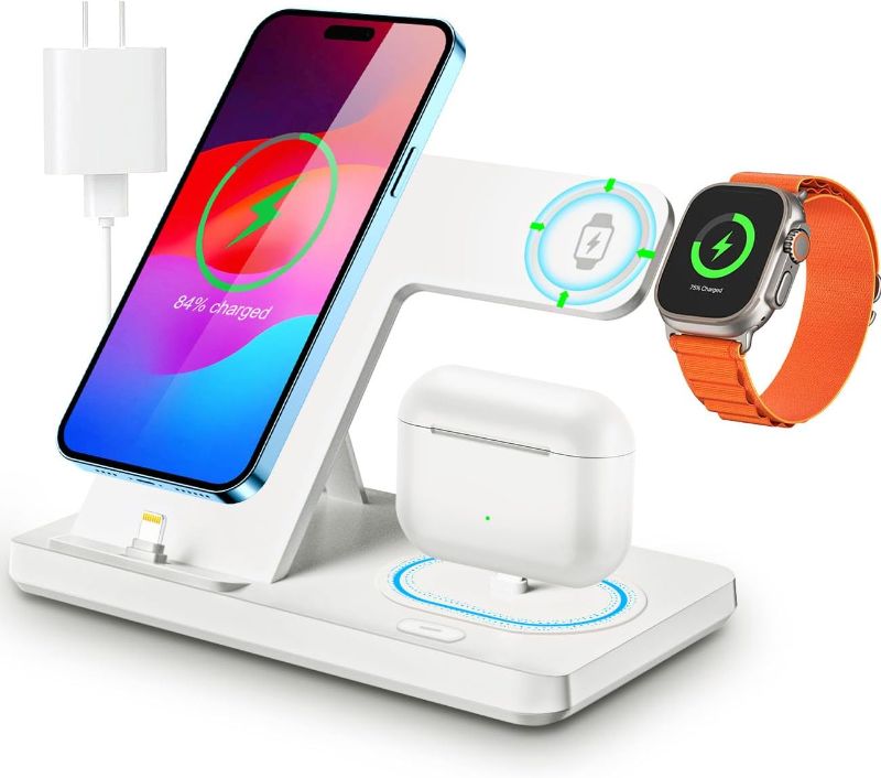 Photo 1 of Charging Station for iPhone Multiple Devices, Foldable 3 in 1 Fast Charging Stand Dock for AirPods & iPhone 14 13 12 11 Pro X Max XS XR 8 7 Plus 6s, Apple Watch Charger for Apple Watch with Adapter
