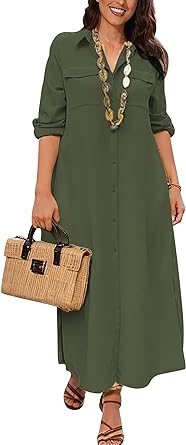 Photo 1 of BEIHONG Women's Long Button Down Maxi Dress Casual Long Shirt Dresses with Long Sleeve and Pockets Collared Small