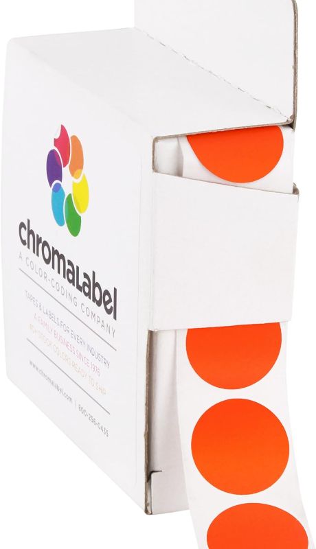 Photo 1 of ChromaLabel 0.75 Inch Round Label Permanent Color Code Dot Stickers, 1000 Labels per Dispenser Box, Fluorescent Red Orange 