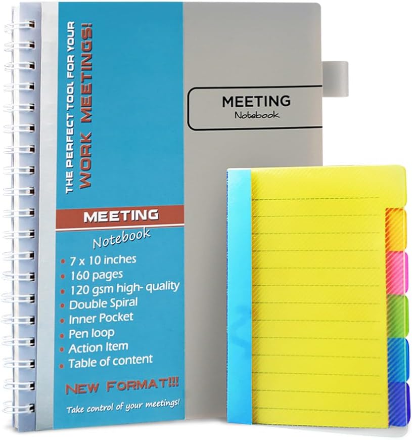 Photo 1 of Meeting Notebook with plastic cover 160 pages of 120 gsm (7"x10"), Work Notebook designed with action planner and table of contents, Meeting Notebook For Work includes 60 lined sticky notes 4"x6" 