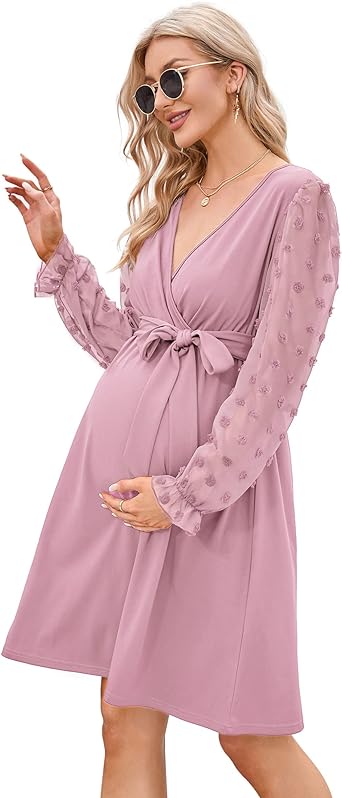 Photo 1 of Coolmee Womens Maternity Swiss Dot Long Sleeve Wrap Dress V Neck Fall Casual Boho Midi Dress Baby Shower Photoshoot with Belt Medium