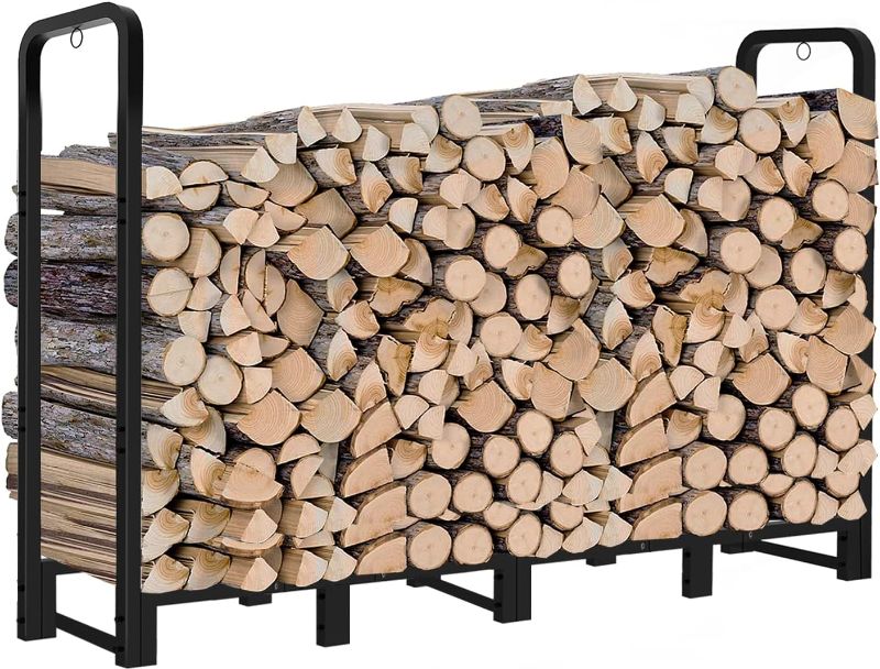 Photo 1 of Artibear 8ft Outdoor Firewood Rack, Upgraded Heavy Duty Logs Stand Stacker Holder for Fireplace - Metal Lumber Storage Carrier Organizer, Bright Black 