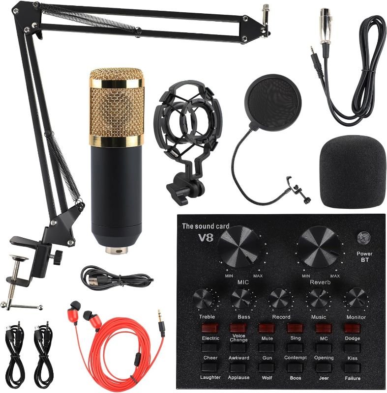 Photo 1 of Roseeyo Condenser Microphone Bundle, Live Sound Card, Adjustable Boom Arm, Shock Mount, Metal Mic Pop Filter, Sponge Pop Filter Cover, Earphone, Power Cable and Audio Cables, Set of 11 Mic Kit
