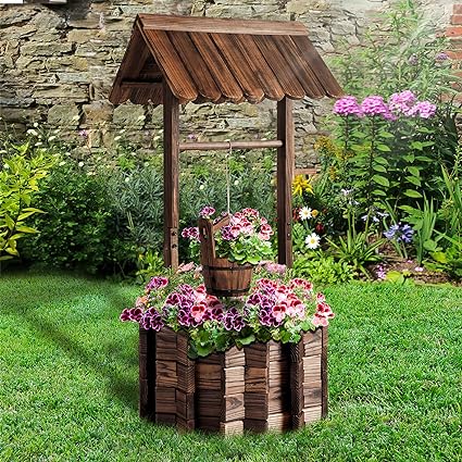 Photo 1 of  Wooden Wishing Well Planter with Hanging Bucket for Flower and Plants Indoor and Outdoor, Rustic Flower Planter Patio Garden Ornamental, Home Decor, Brown
