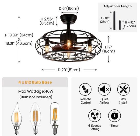 Photo 2 of 23 in. 4-Light Farmhouse Industrial Indoor Black Caged Ceiling Fan with Light and Remote Control Included