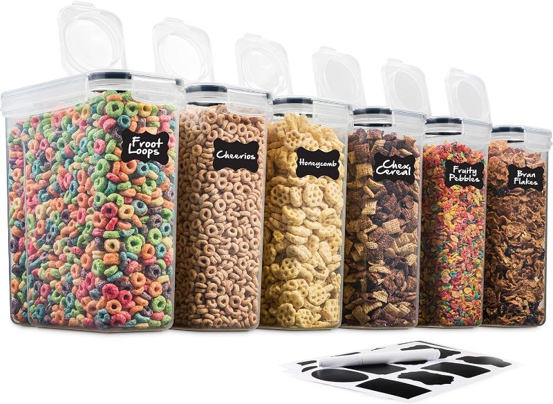 Photo 1 of 6 Pack Airtight Cereal & Dry Pet Food Storage Container - BPA Free Plastic Kitchen and Pantry Organization Canisters for, Flour, Sugar, Rice, Nuts, Snacks & More (135.5 Oz) Labels & Chalk Marker
