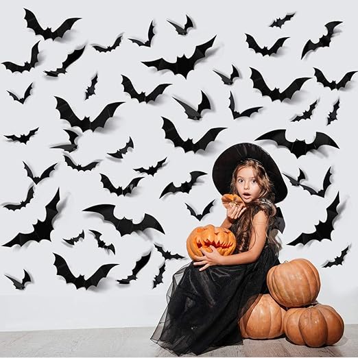 Photo 1 of ZPOKA 60PCS Halloween Party Supplies PVC 3D Decoration Realistic Horror Bat Wall Decal Wall Sticker, DIY Halloween Decoration Home Interior Window Decoration Set (Black)
