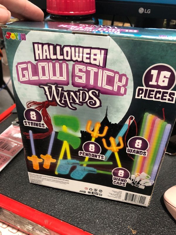 Photo 2 of JOYIN 20 Pcs Halloween Glow Stick Wands Set with 8 Hanging Wands, 4 Weapon Wands and 8 Glow Sticks for Halloween Glow in the Dark Party Favors Goodie Bag Fillers, Halloween Party Supplies