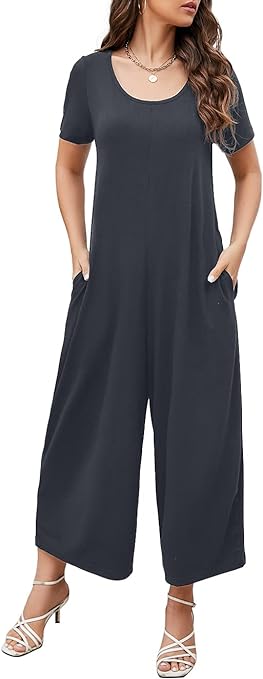 Photo 1 of Btaiuo Womens Summer Fashion Short Sleeve Crewneck Jumpsuit Loose Casual Romper Long Pants with Pockets- small
