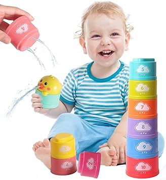 Photo 1 of Baby Toys Bath Toy and Stacking Toys,2 in 1 Stacking Cups for Infant Montessori Sensory Set,Multicolor Baby Water Pool Toys for Boys and Girls to differentiate Sizes and Study Numbers
