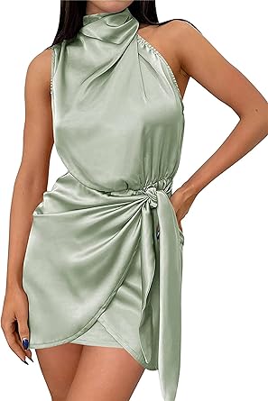 Photo 1 of CALEBGAR Women's 2023 Summer Satin Dress Sleeveless Ruched Mock Neck Tie Waist Wrap Bodycon Cocktail Party Mini Dress Medium