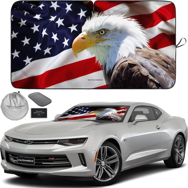 Photo 1 of Autoamerics 1-Piece Windshield Sun Shade American Eagle Flag - 2 USA Patriotic Design - Foldable Car Front Window Sunshade for Sedans SUV Truck - Blocks Max UV Rays and Keeps Your Vehicle Cool - Small 