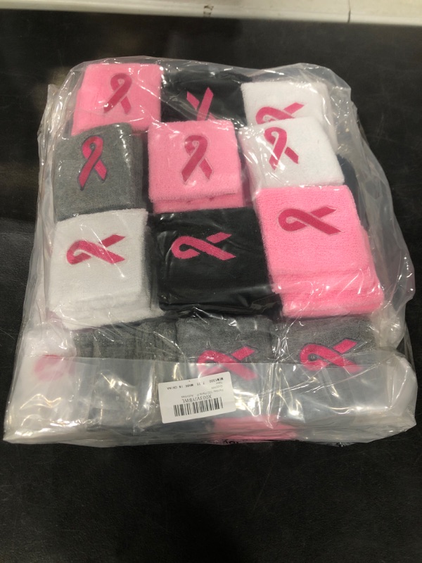 Photo 2 of 200 Pcs Pink Ribbon Wristbands Bulk Breast Cancer Awareness Accessories Wrist Sweatbands Arm Bands Football Sweatbands for Men Women Youth Sports Basketball Baseball Athletic Party Favors 