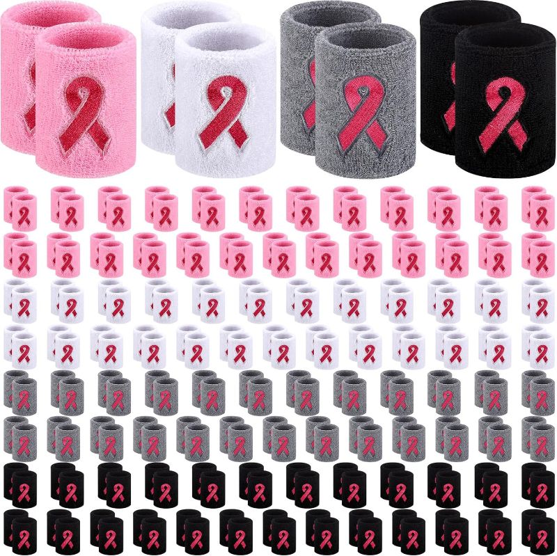 Photo 1 of 200 Pcs Pink Ribbon Wristbands Bulk Breast Cancer Awareness Accessories Wrist Sweatbands Arm Bands Football Sweatbands for Men Women Youth Sports Basketball Baseball Athletic Party Favors 