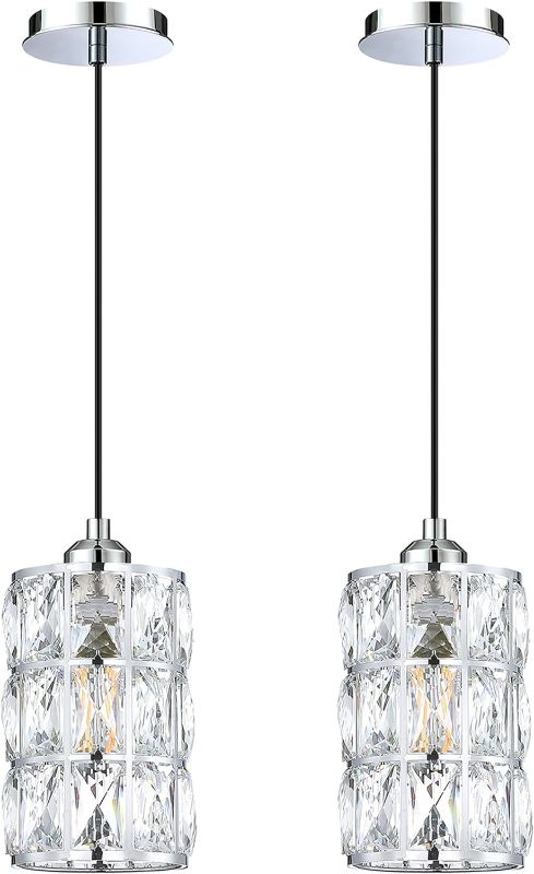 Photo 1 of 2 Pack 1 Light Polygon Crystal Pendant Lighting with Chrome Finish, Modern Style Ceiling Light Fixture with Polyhedral Crystal Shade for Foyer Dining Room Family Room 