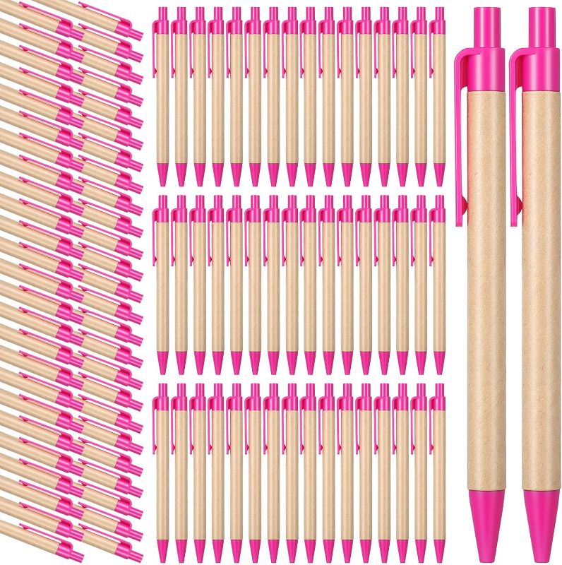 Photo 1 of 100 Pack Ballpoint Pen Retractable Ballpoint Pen 5.5,3.93 inchs Black Ink Click Pens Recycled Kraft Paper Pens for Baby Shower Office School Teacher Student Writing Journaling Supplies (Pink, Normal) 