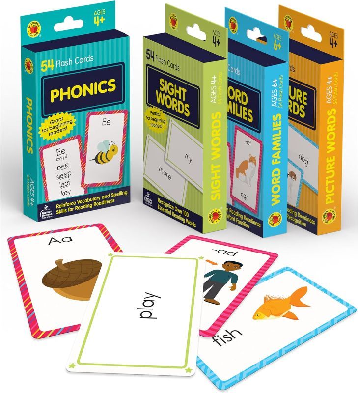 Photo 1 of Carson Dellosa 4-Pack Reading Flash Cards for Kids Ages 4-8, Phonics Flash Cards, Sight Words Flash Cards, Word Family, and Picture Words, Kindergarten, 1st Grade, and 2nd Grade
