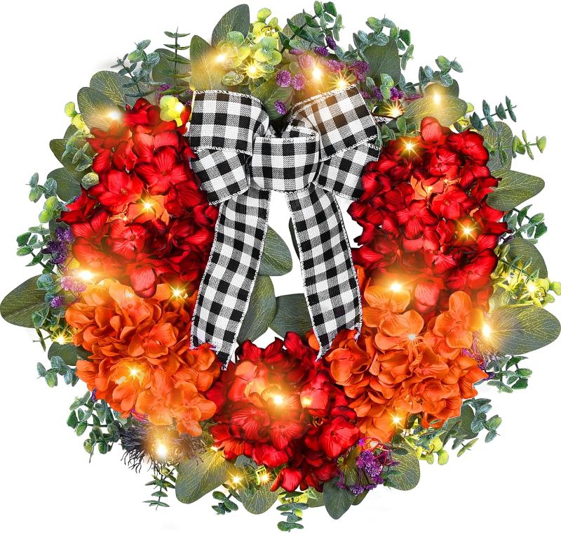 Photo 1 of 18" Fall Christmas Wreaths for Front Door, Lighted Hydrangea Wreath with A Plaid Bow Red Orange Hydrangeas,Autumn Christmas Harvest Wreath for Thanksgiving Fireplace Window Party Indoor Outdoor Decor