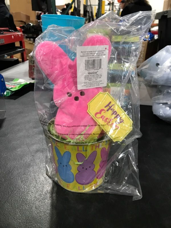 Photo 2 of Animal Adventure 9-10.5 INCH Easter Soft Plush Peeps® in TIN Bucket | Pink Bucket and Plush Pink