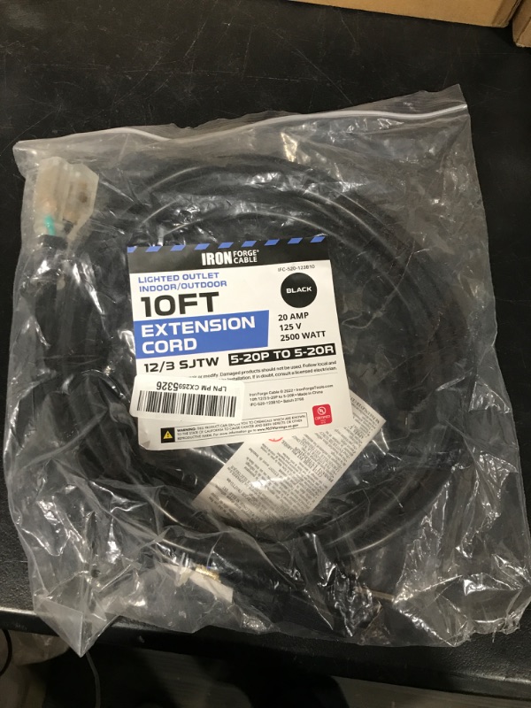 Photo 2 of Iron Forge Cable 10 Ft 20 Amp Dryer/EV Extension Cord - 5-20P to 5-20R Lighted Black SJTW 12 Gauge Electric Cable 10 Foot