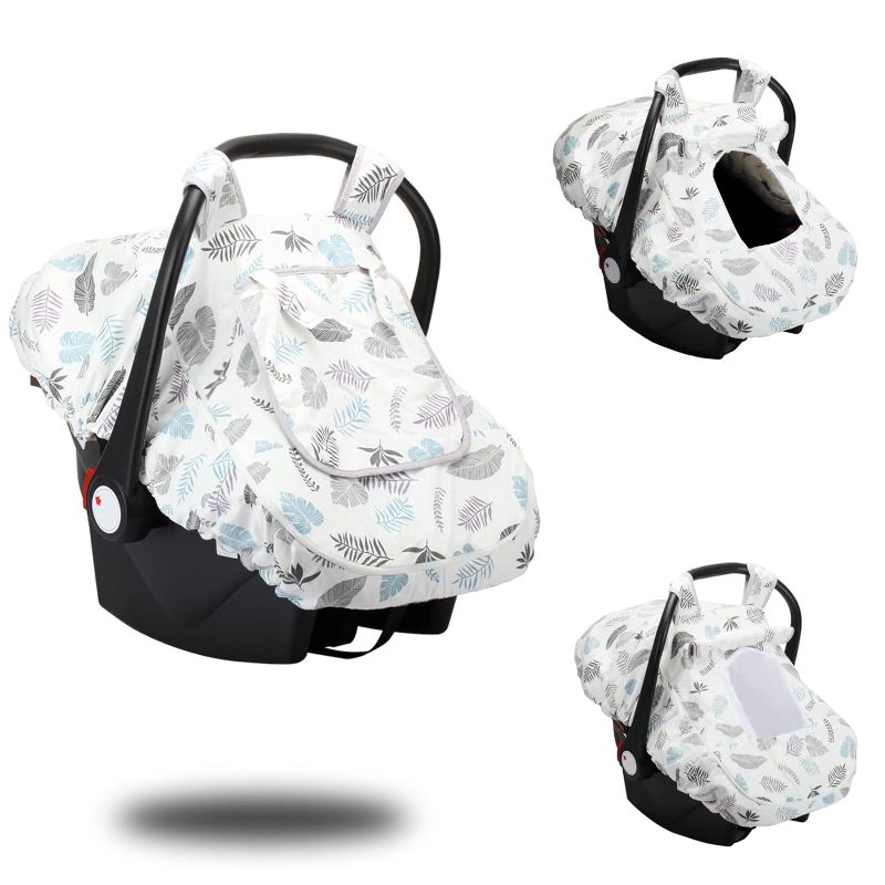 Photo 1 of Baby Car Seat Canopy, Breathable Car Seat Covers for Boys Girls with 3D Minky, Thick Infant Car Canopy for Spring Summer Autumn Winter, Kick-Proof Universal Fit, Snug Warm (Leaf) 