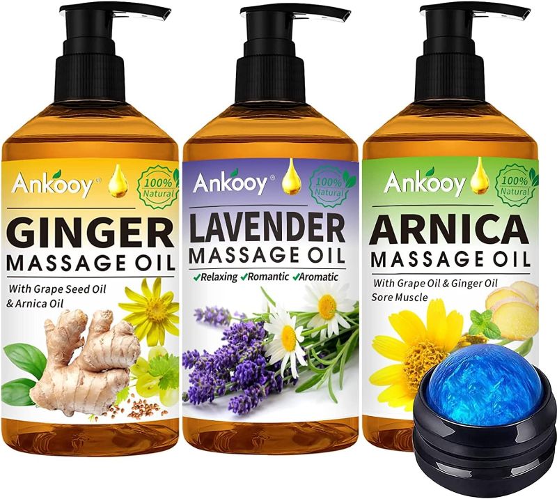 Photo 1 of 3 Pack Massage Oil for Massage Therapy with Roller Ball,Ginger Oil Lymphatic Drainage & Arnica Sore Muscle & Lavender Relaxing Oils-Spa Gift Mother Day Father Day Gifts for Men Women 