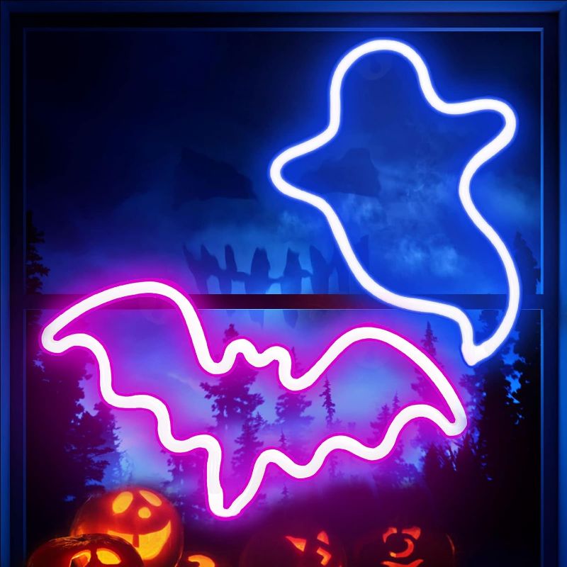 Photo 1 of 2 Pack Halloween Decoration LED Neon Sign Light Ghost Neon Sign Bat Lights Neon Sign Wall Hanging Neon Sign for Halloween Party Decorations Indoor Home Wall Decorations(Batteries Not Included)
