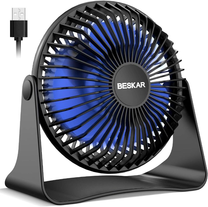 Photo 1 of BESKAR USB Small Desk Fan, Portable Fans with 3 Speeds Strong Airflow, Quiet Operation and 360°Rotate, Personal Table Fan for Home,Office, Bedroom - 3.9 ft Cord
