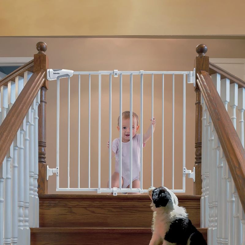 Photo 1 of Babelio 26-43" No Bottom Bar Baby Gate for Babies, Elders and Pets, 2-in-1 Auto Close Dog Gate for The House, Stairs and Doorways, Safety Pet Gates with Large Walk Thru Door, White