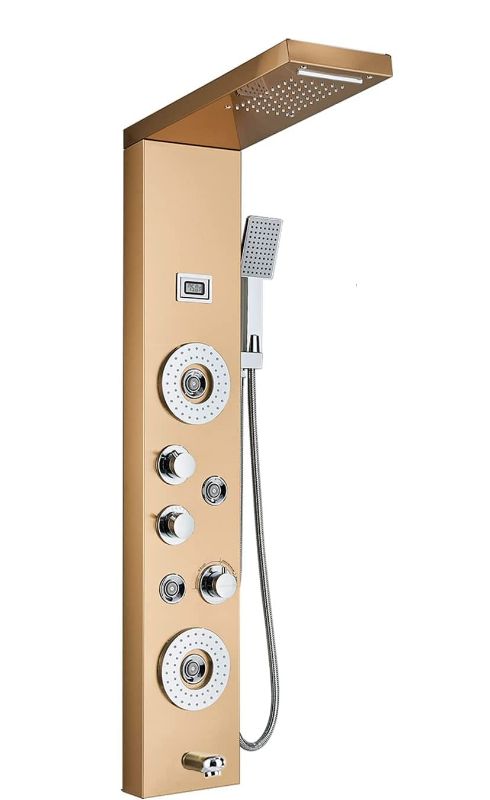 Photo 1 of  ELLO&ALLO Stainless + Steel Shower Panel Tower System,LED Rainfall Brushed Gold