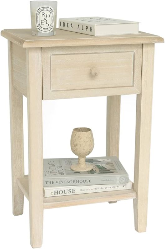 Photo 1 of  MaxSmeo Nightstand, Farmhouse Bedside Table with Drawer and Shelf, Wood End Accent Table for Bedroom and Living Room, Natural 