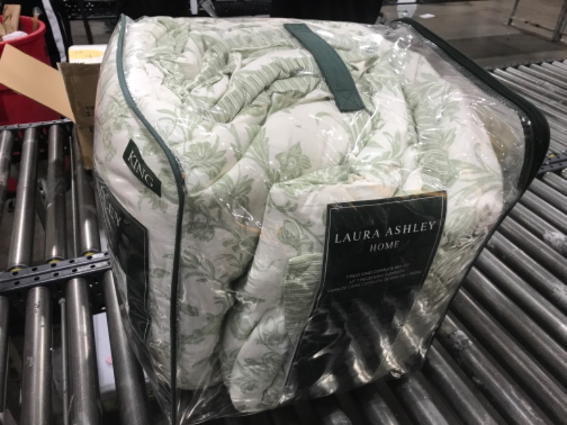 Photo 2 of  Laura Ashley Home - King Size Comforter Set, Reversible Cotton Bedding, Includes Matching Shams with Bonus Euro Shams & Throw Pillows (Natalie Sage/Off White, King) 
