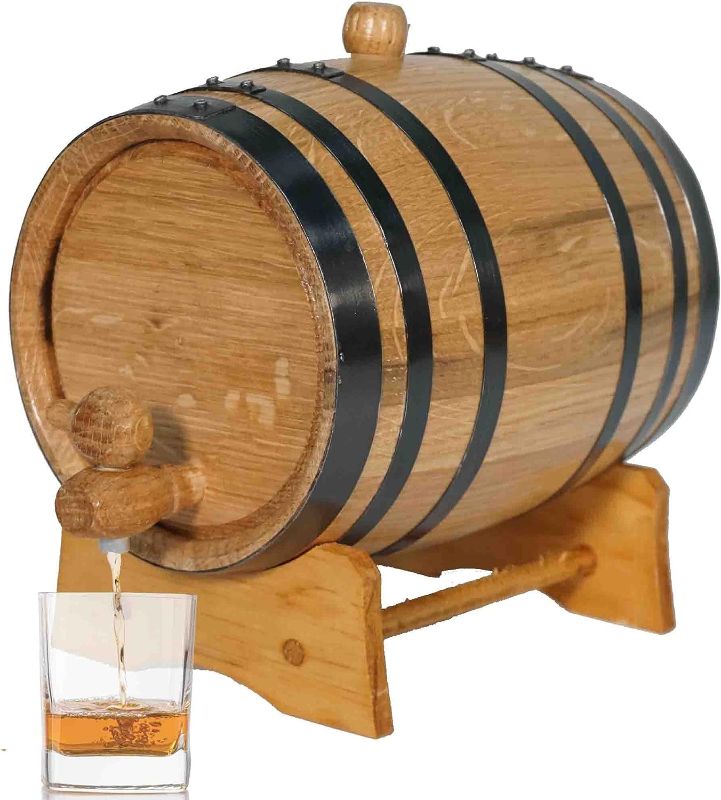 Photo 1 of 1 Liter Oak Aging Barrel with Wood Stand, Bung & Spigot - Mini Whiskey Barrel for The Home Alcohol Distiller, Brewer, Moonshiner & Winemaker - Age Cocktails, Bourbon, Whisky, Tequila, Rum, Mead Wine
