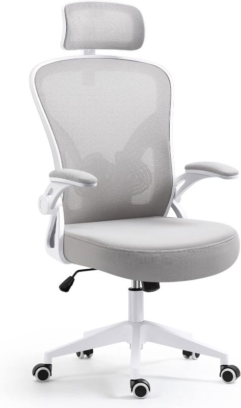 Photo 1 of Darkecho Office Chair,Ergonomic Desk Chair with Adjustable Headrest and Lumbar Support,High Back Mesh Computer Chair with Padded Flip-up Armrests,Swivel Task Chair,Tilt Function,Grey
