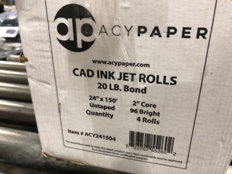 Photo 3 of 3 ROLLS ACYPAPER Plotter Paper 24 x 150, CAD Paper Rolls, 20 lb. Bond Paper on 2" Core for CAD Printing on Wide Format Ink Jet Printers, 3 Rolls per Box. Premium Quality