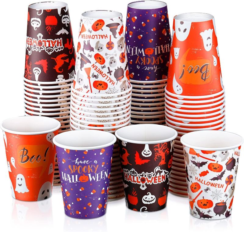Photo 1 of 100 Packs 12 oz Halloween Paper Cups Halloween Disposable Cups Halloween Pumpkin Ghost Paper Cups Drinking Paper Cups Paper Coffee Cups Tea Cups for Halloween Party Drinks Juice Kids(Vivid Style) 