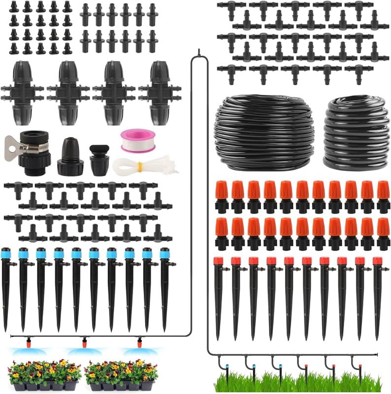 Photo 1 of 223FT Automatic Drip Irrigation Kits, Garden Watering System for Greenhouse, Yard and Lawn - with 1/2 inch 1/4 inch Distribution Tubing Hose Drip Emitters Adjustable Misting Sprinkler Fittings