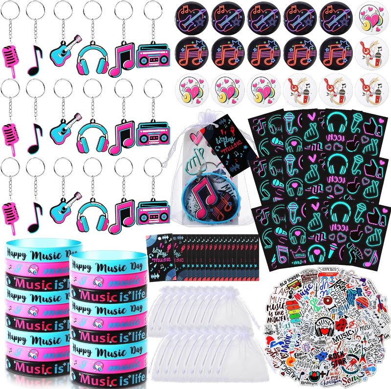 Photo 1 of Geyoga 158 Pcs Music Party Favors Music Themed for 18 Stickers Silicone Bracelets Keychain Pin Badges Luminous Tattoo Sticker Organza Bag Musical Cards for Teens Holiday Birthday Social Dance Party (pack of 2)