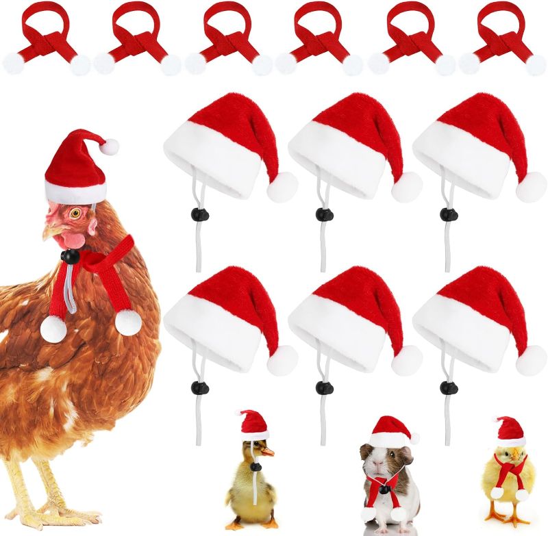 Photo 1 of 12 Pieces Chicken Christmas Hats Scarf Red Santa Hat Cloak and Scarf Pet Costumes with Adjustable Chin Strap for Hens Duck Rabbit Kitten Christmas Supplies